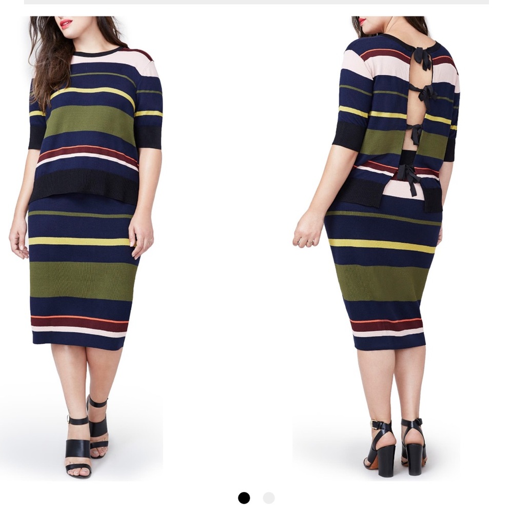 2-piece stripe tie-back sweater & variegated stripe skirt